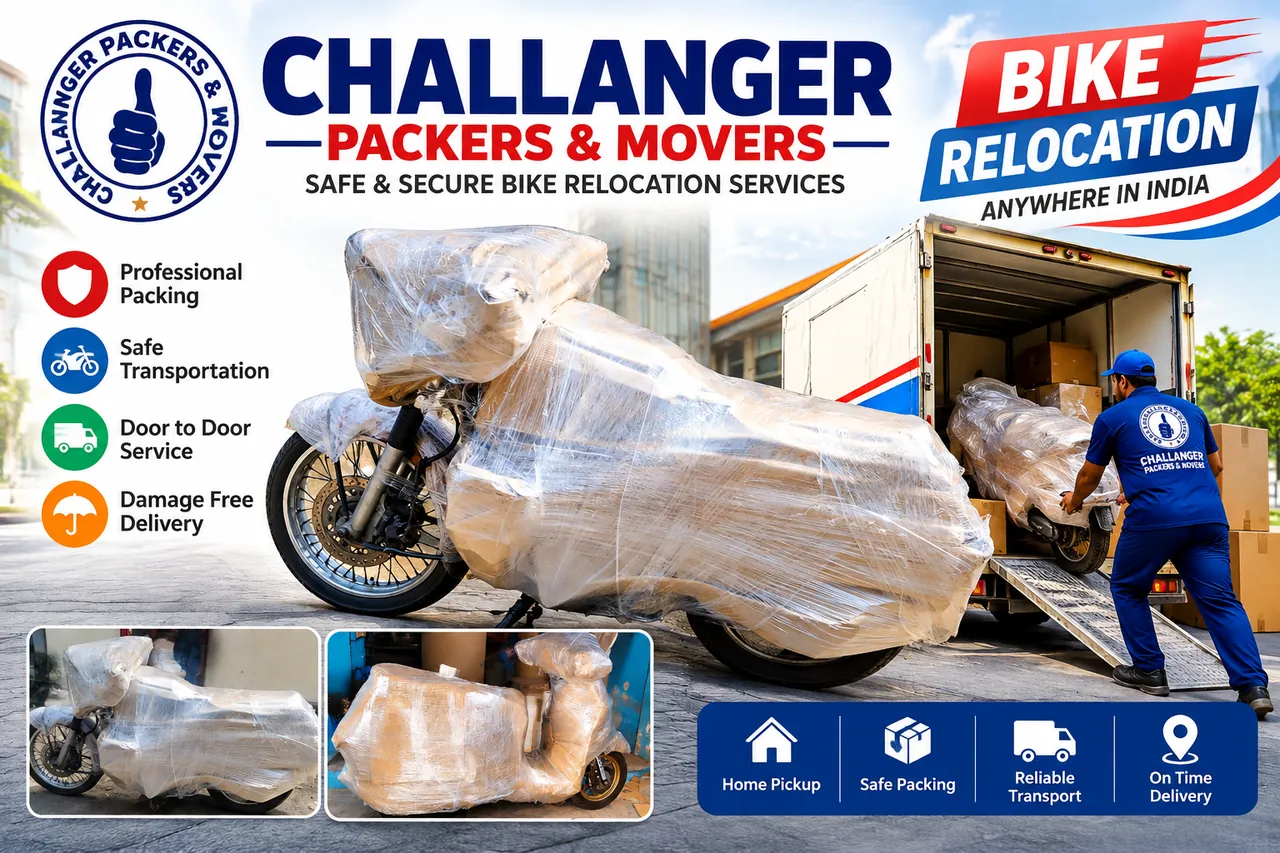 Challanger Packers & Movers bike relocation – packed motorcycle being loaded for transport
