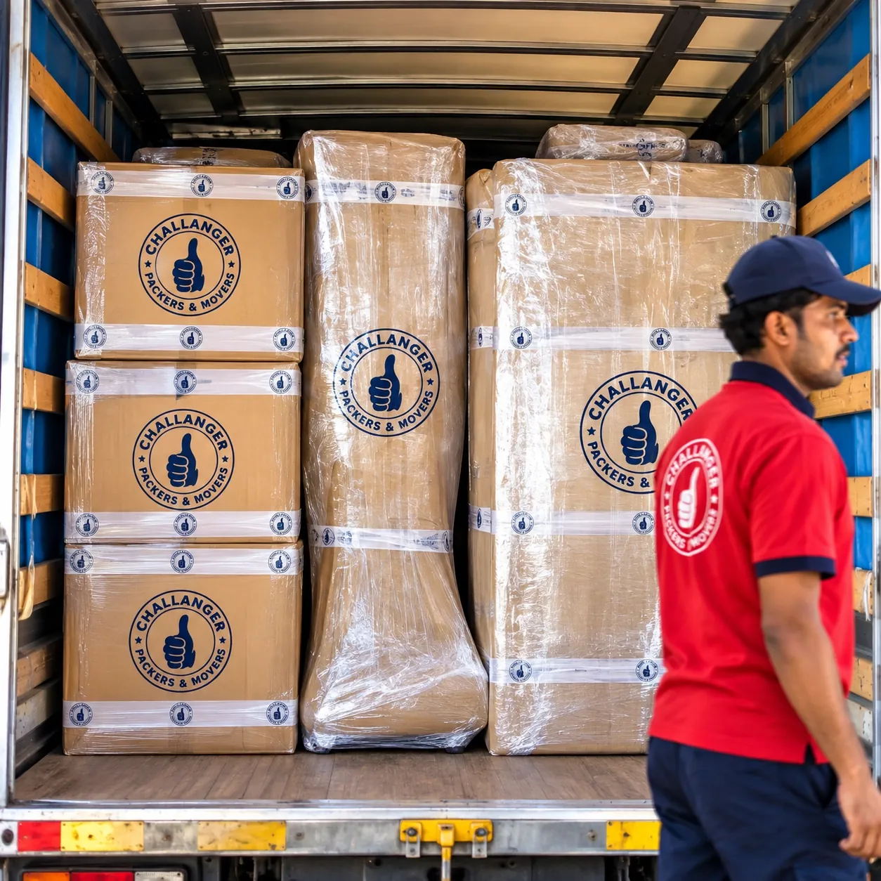 Challanger branded cartons and wrapped furniture loaded safely in a truck in Trichy